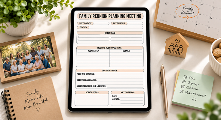 Family reunion planning meeting template with agenda and action items
