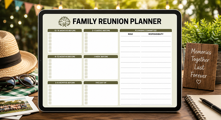 Family reunion planner template with timeline and committee roles