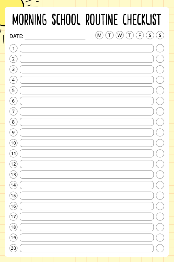Printable morning school routine checklist with 20 numbered tasks and daily tracker for students