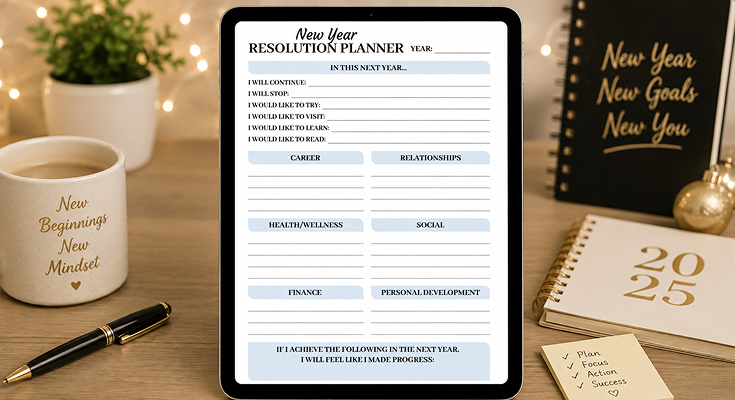 New year resolution planner template with career and health goals
