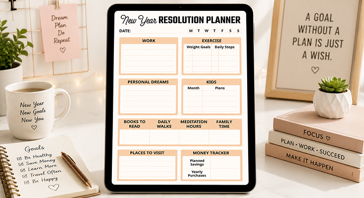 New year resolution planner template with work, exercise and kids sections