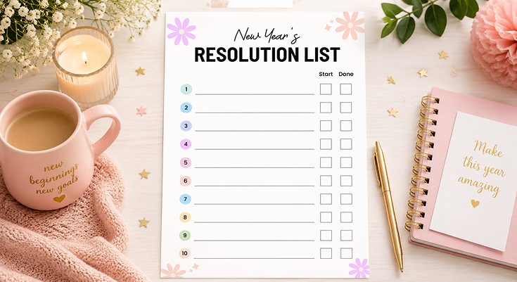 New year's resolution list template with start and done checklist