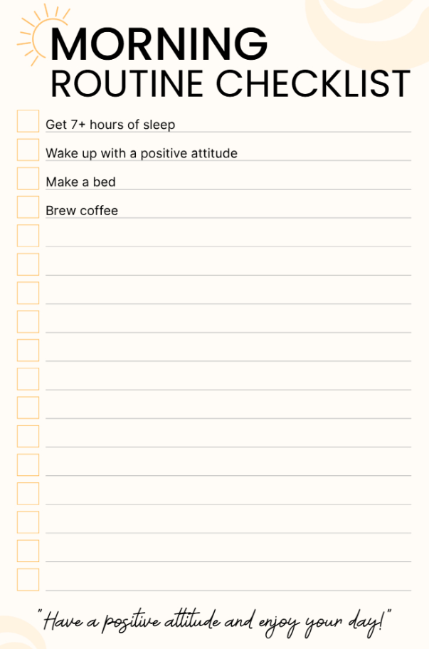 Printable checklist featuring positive morning routine habits including sleep, attitude, and self-care tasks