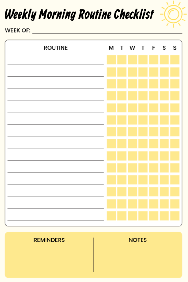 Weekly habit tracking grid with 7-day checkboxes and reminders section