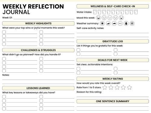 Weekly reflection journal template with sections for highlights, challenges, lessons learned, wellness tracking, gratitude log, weekly rating, and goals