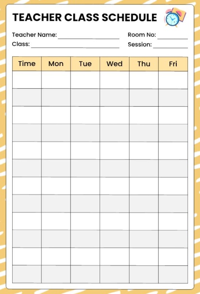 Teacher class schedule grid template with time slots and weekday columns, featuring polka dot border