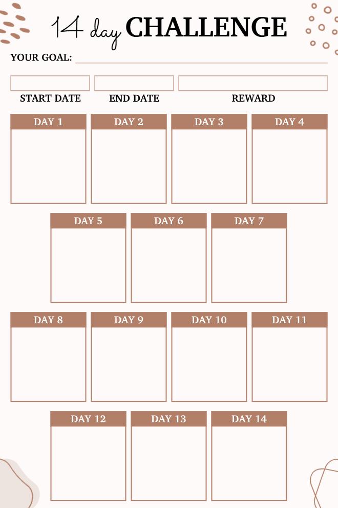 Printable 14 day fitness challenge planner with goal field, start and end date sections, daily tracking boxes for each day, and reward motivation space at the top.
