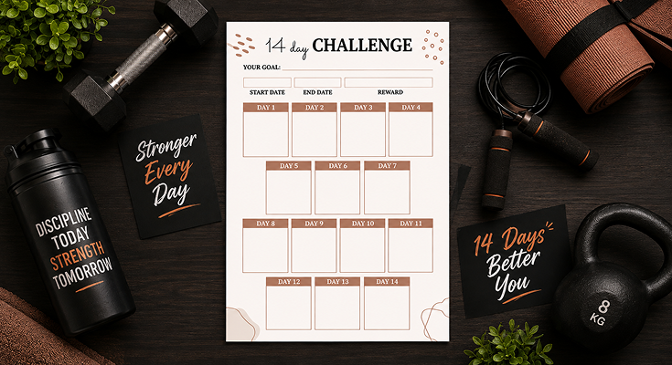 14 day challenge tracker template with daily goal boxes