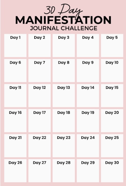 30-day manifestation journal challenge tracker with pink background and 30 individual day boxes arranged in a grid layout