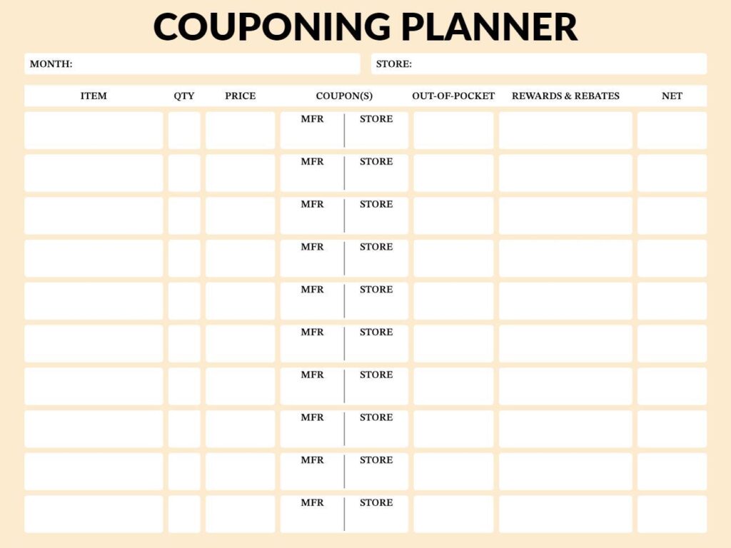 Printable couponing planner template with columns for store coupons, manufacturer coupons, and rebate tracking to maximize grocery savings.