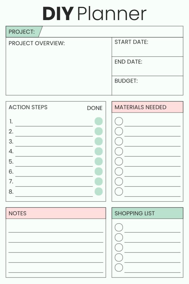 DIY project management and shopping planner template featuring project overview, budget tracking, action steps, materials list, and organized shopping checklist sections