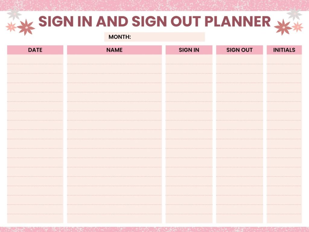 Employee attendance sign in and out planner template with columns for date, name, sign in time, sign out time, and initials in pink design.