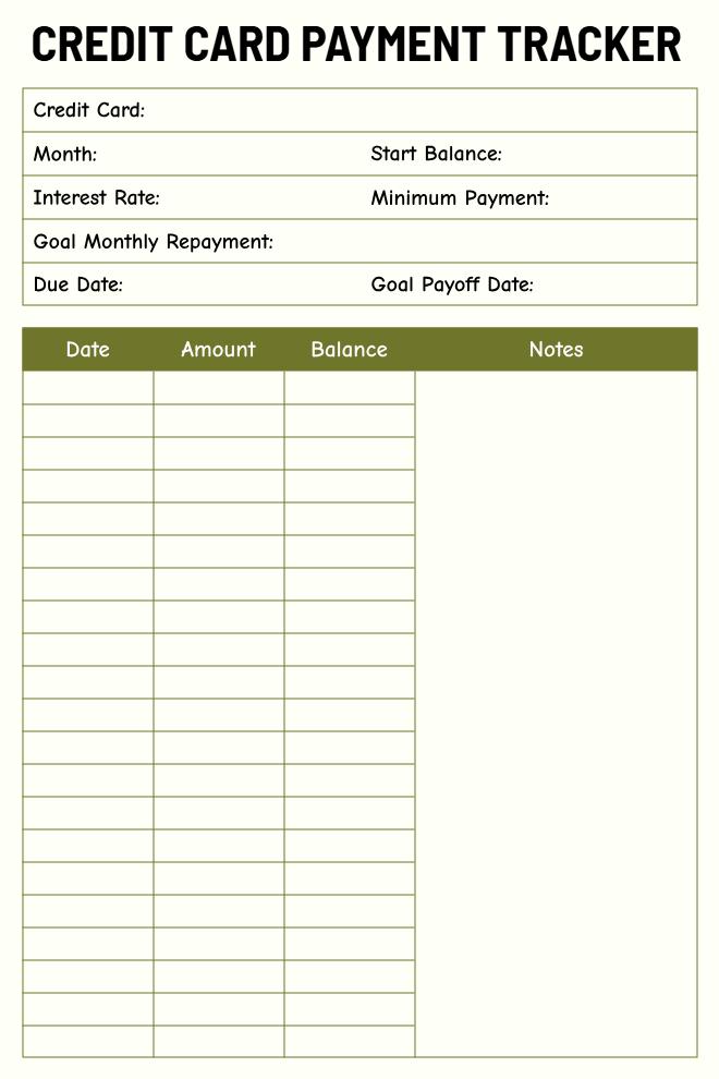 Credit card payment tracker template with sections for balance tracking, payment dates, and debt payoff goals to help manage credit card debt.