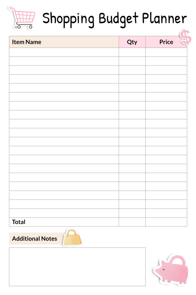 Shopping budget planner template with item name, quantity, and price columns for tracking grocery and retail purchases in 2026.