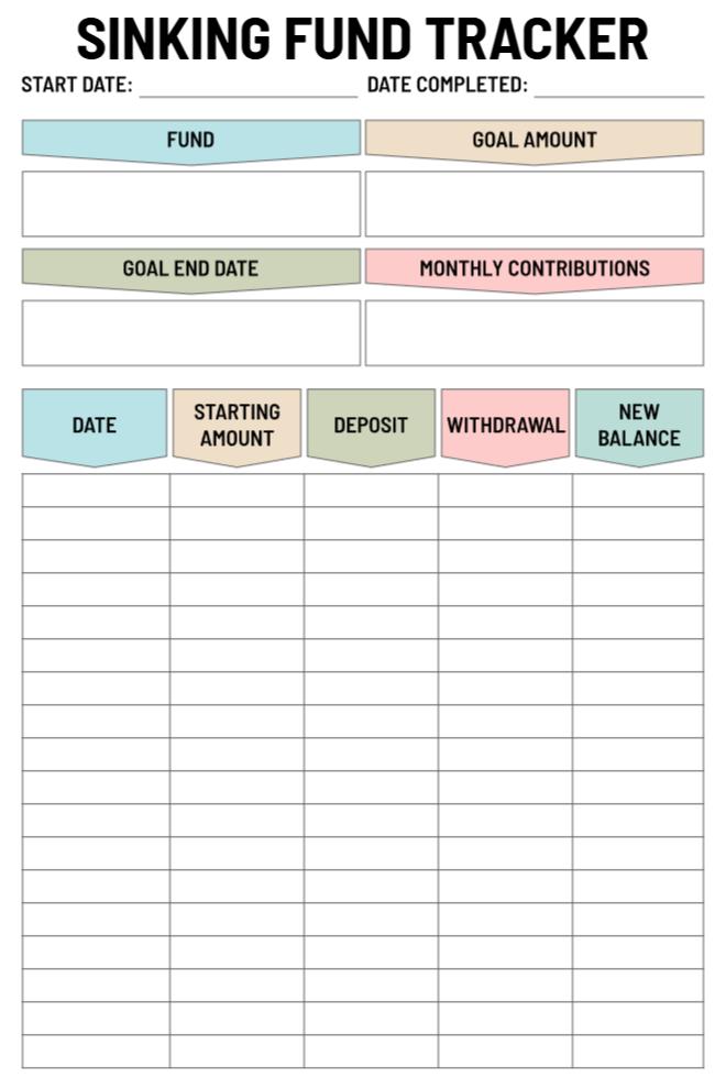 Sinking fund savings tracker showing monthly deposit columns and goal tracking fields for organized financial planning