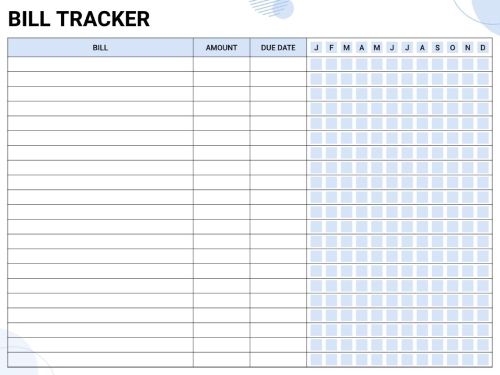 Annual bill tracker with blue calendar grid showing 12 months, bill list with amounts and due dates, and monthly payment checkboxes