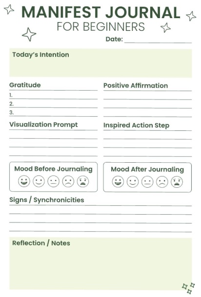 Beginner manifest journal with sections for intention, gratitude, affirmations, visualization, mood tracker with emojis, synchronicities, and reflection notes