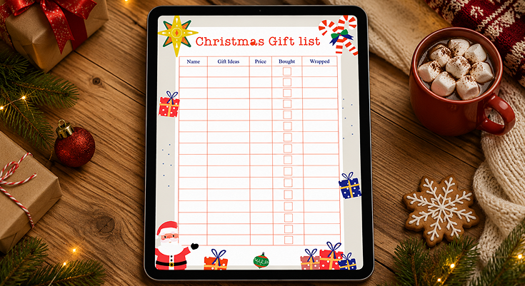 Christmas gift list tracking name price bought and wrapped status