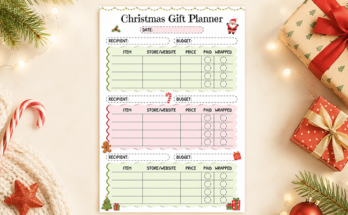 Christmas gift planner tracking recipient budget item price and wrapped status