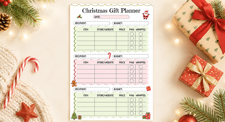 Christmas gift planner tracking recipient budget item price and wrapped status