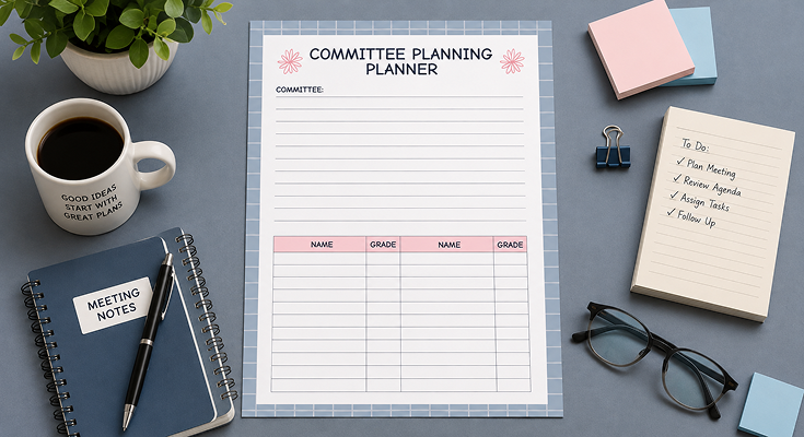 Committee planning planner template with member name and grade list