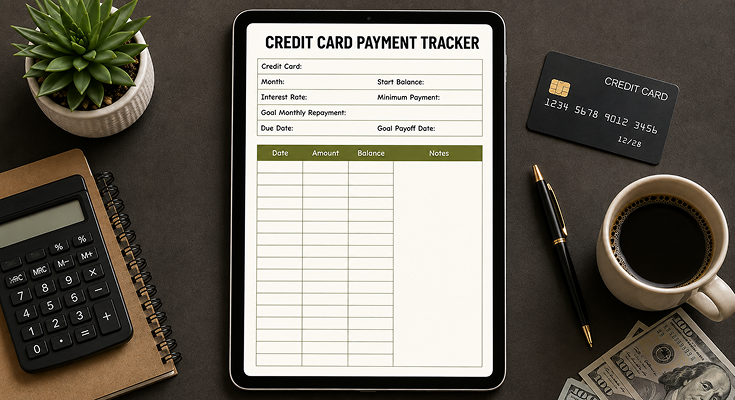 Credit card payment tracker template with balance and due date log