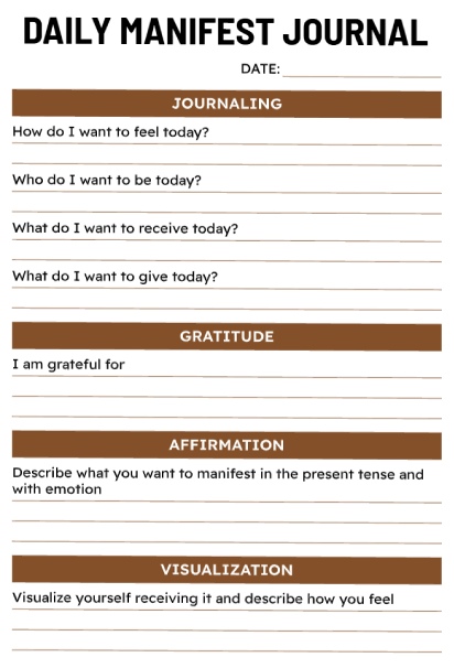 Daily manifest journal with brown section headers for journaling prompts, gratitude, present-tense affirmations, and visualization exercises