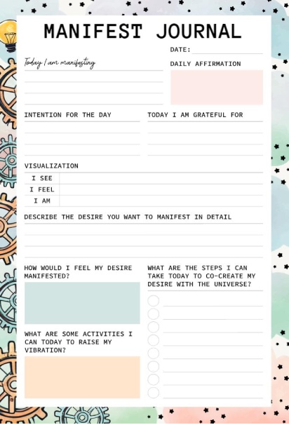 Colorful daily manifest journal with decorative borders, sections for intention, gratitude, visualization prompts, detailed desire description, and action steps
