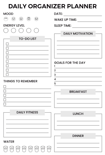 Daily organizer planner with mood and energy trackers, to-do list, goals, meal planning, fitness section, and water intake tracker
