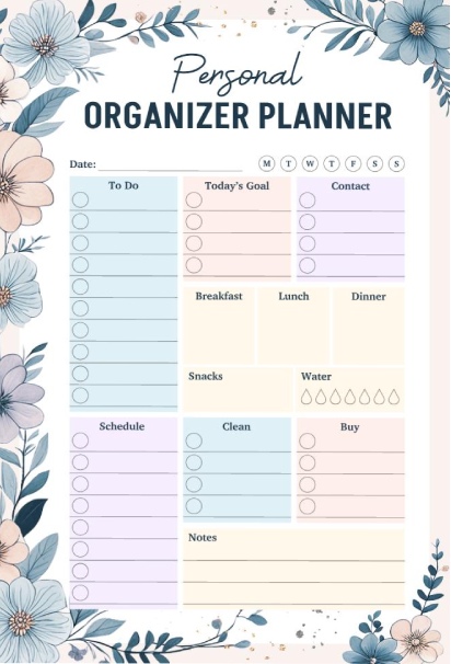 Floral personal organizer planner with to-do list, goals, meal planning, water tracker, schedule, cleaning tasks, and notes sections