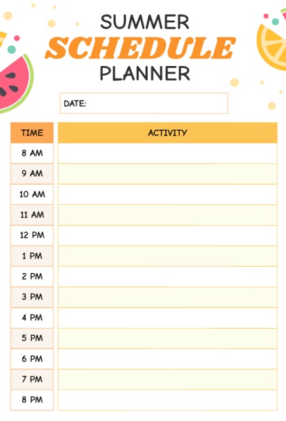 Colorful summer schedule with hourly slots and fruit illustrations