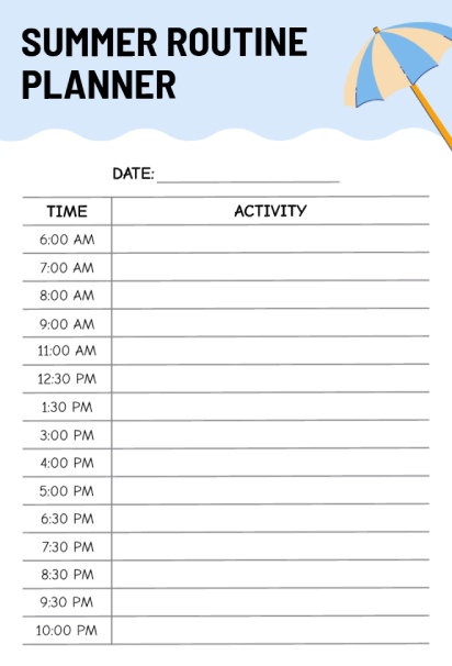 Daily summer routine planner with hourly time slots from 6 AM to 10 PM