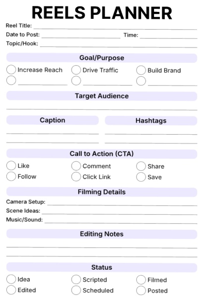 Complete reels planner template with sections for title, goals, audience, caption, hashtags, call-to-action, filming details, editing notes, and status tracker