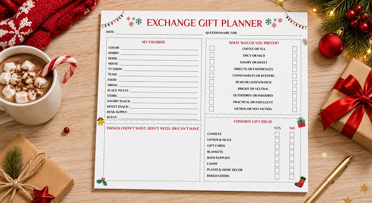 Exchange gift planner with favorites preferences and common gift ideas