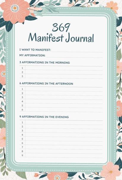 369 manifestation journal with floral border featuring sections for manifesting goal, affirmation, and spaces to write 3 morning, 6 afternoon, and 9 evening affirmations