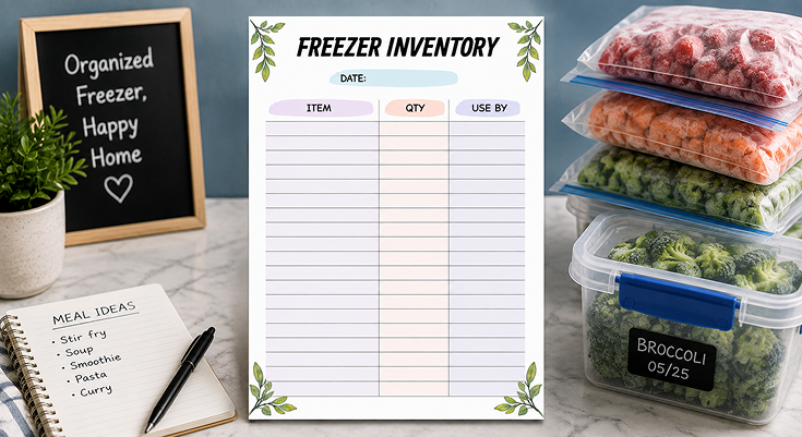 Freezer inventory template with item quantity and use by date