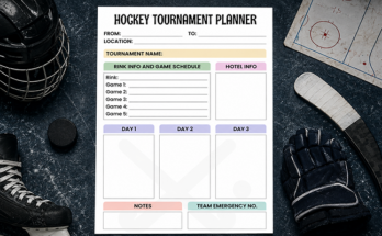 Hockey tournament planner with game schedule and hotel info sections
