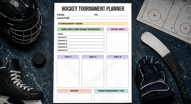 Hockey tournament planner with game schedule and hotel info sections