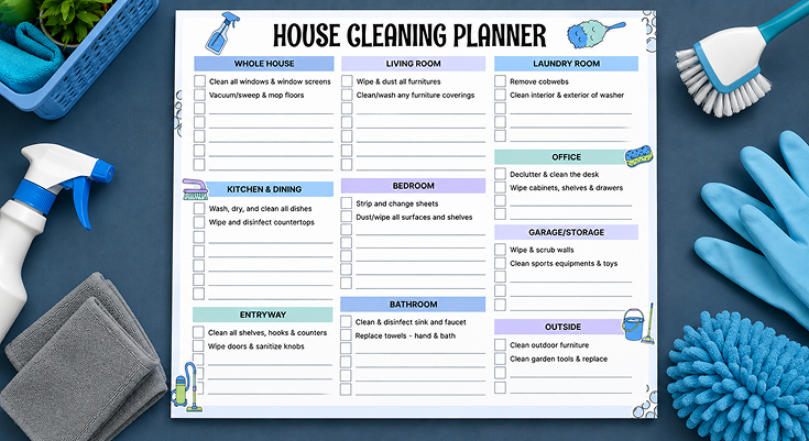 House cleaning planner checklist for whole house room by room