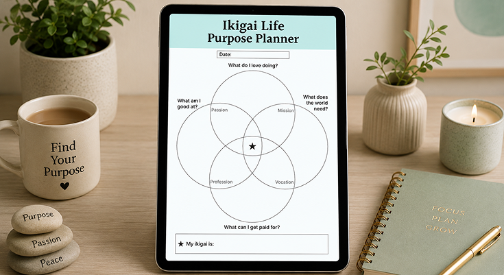 Ikigai life purpose planner with passion mission profession vocation circles