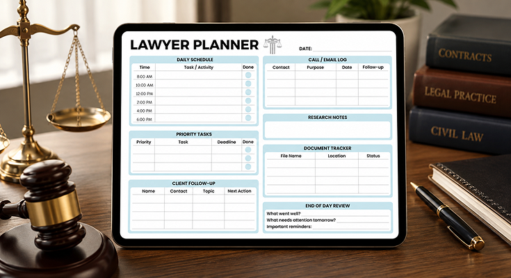 Lawyer planner template with daily schedule and client follow-up