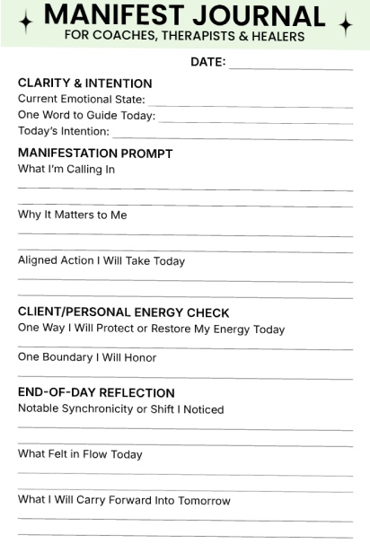 Manifest journal for coaches and healers with sections for emotional check-in, manifestation prompts, energy protection, boundaries, and end-of-day reflection