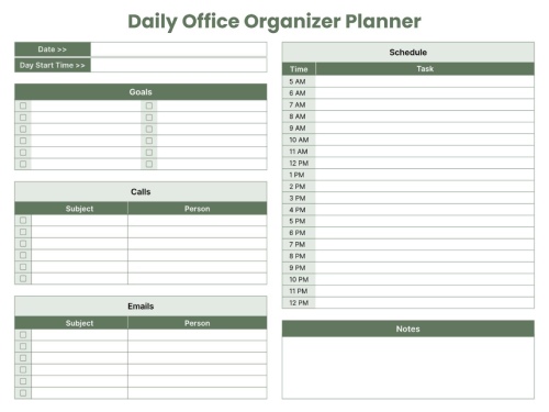 Daily office organizer with green headers featuring goals checklist, calls and emails tracking tables, hourly schedule, and notes section