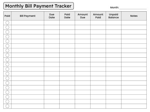 Monthly bill payment tracker with checkboxes, columns for bill name, due date, paid date, amounts, unpaid balance, and notes