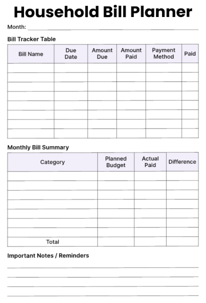 Household bill planner with bill tracker table, monthly budget summary by category with planned vs actual comparison, and notes section