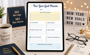 New year goal planner template with top 5 goals and categories
