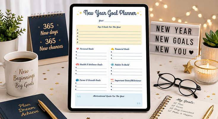 New year goal planner template with top 5 goals and categories