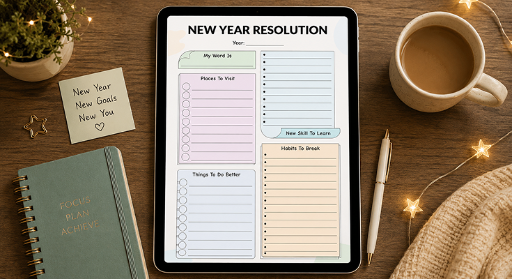 New year resolution template with places to visit and habits to break