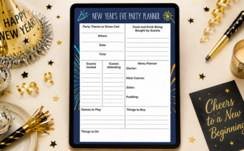 New Year's Eve party planner with guest list menu and games to play