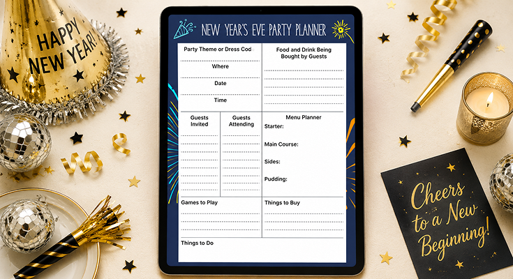 New Year's Eve party planner with guest list menu and games to play